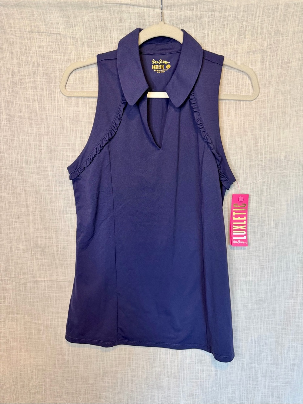 Lilly Pulitzer Martina Luxletic Navy Ruffle Sleeveless Polo Top NWT UPF 50 L - Picture 2 of 8